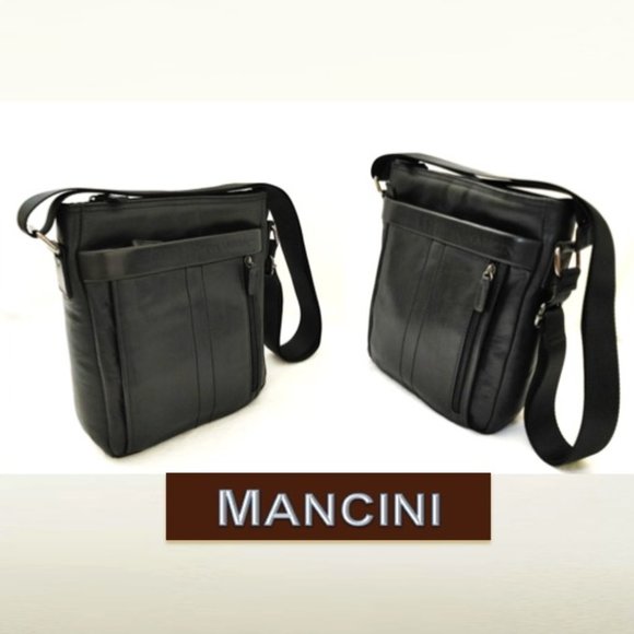 MANCINI Unisex Black Leather Vertical Messenger Bag Padded Shoulder Cros… - Picture 5 of 13